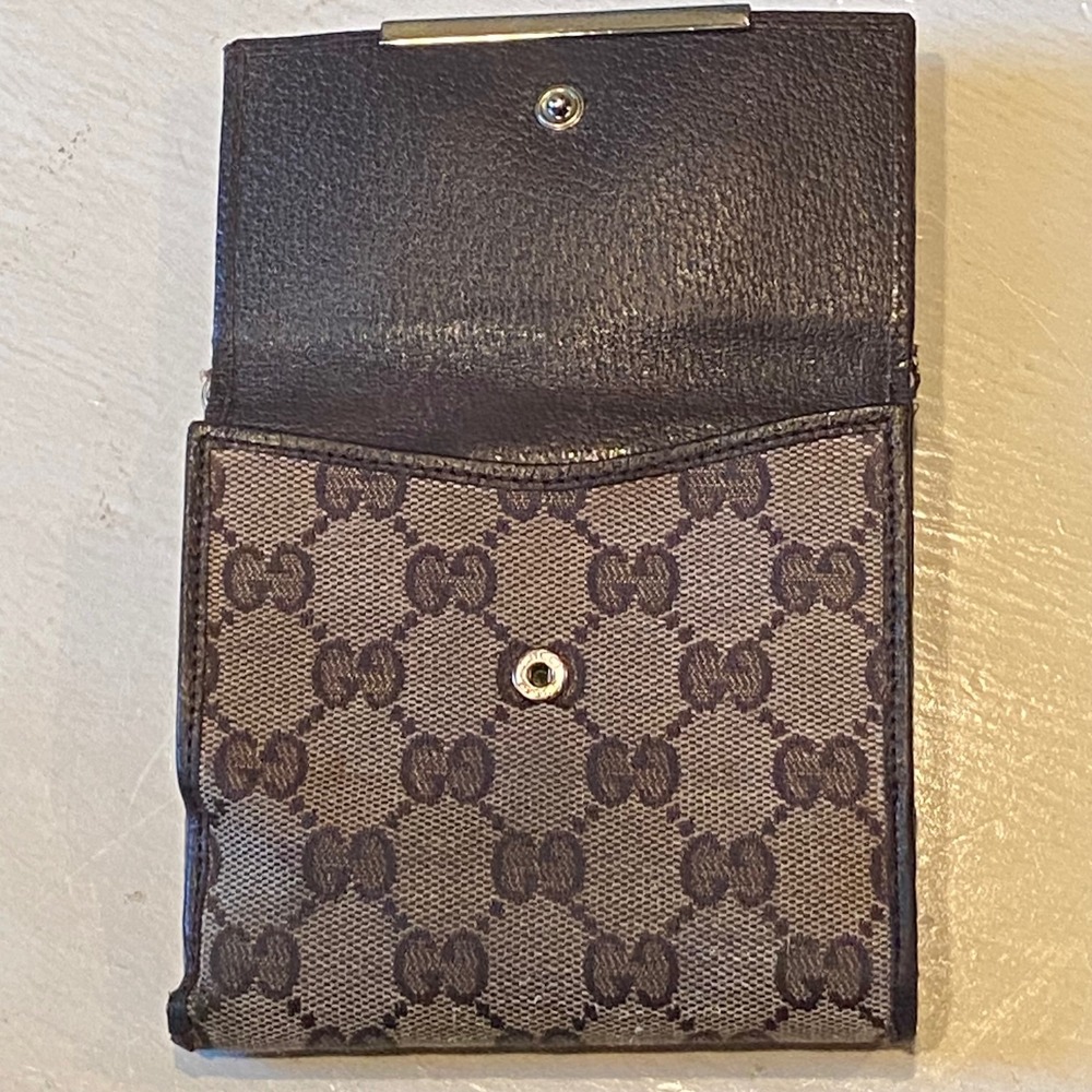 Gucci Wallet Brown GG Canvas Leather Trim Bi Fold Snap Closure Vintage - Picture 3 of 8